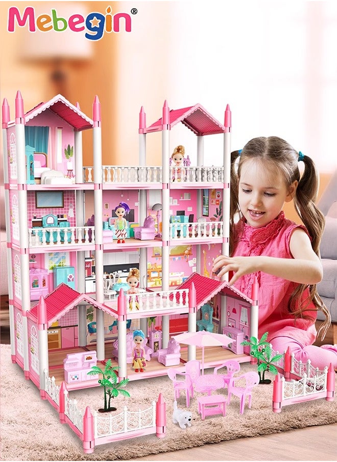 MEBEGIN Dreamhouse Set with 4 Dolls, Rich Accessories and Furniture, Luxury Dollhouse with 11 Rooms, DIY Villa Building Toys, Educational House-building Set, Made of BPA-free, Non-toxic ABS Plastic, Easy to Install, Creative Gift for Kids  - Image 1