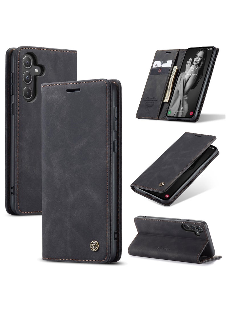 CaseMe Samsung Galaxy A55 Wallet Case Book Folding Flip Folio Case with Magnetic Kickstand Card Slots Protective Cover - Black - Image 1