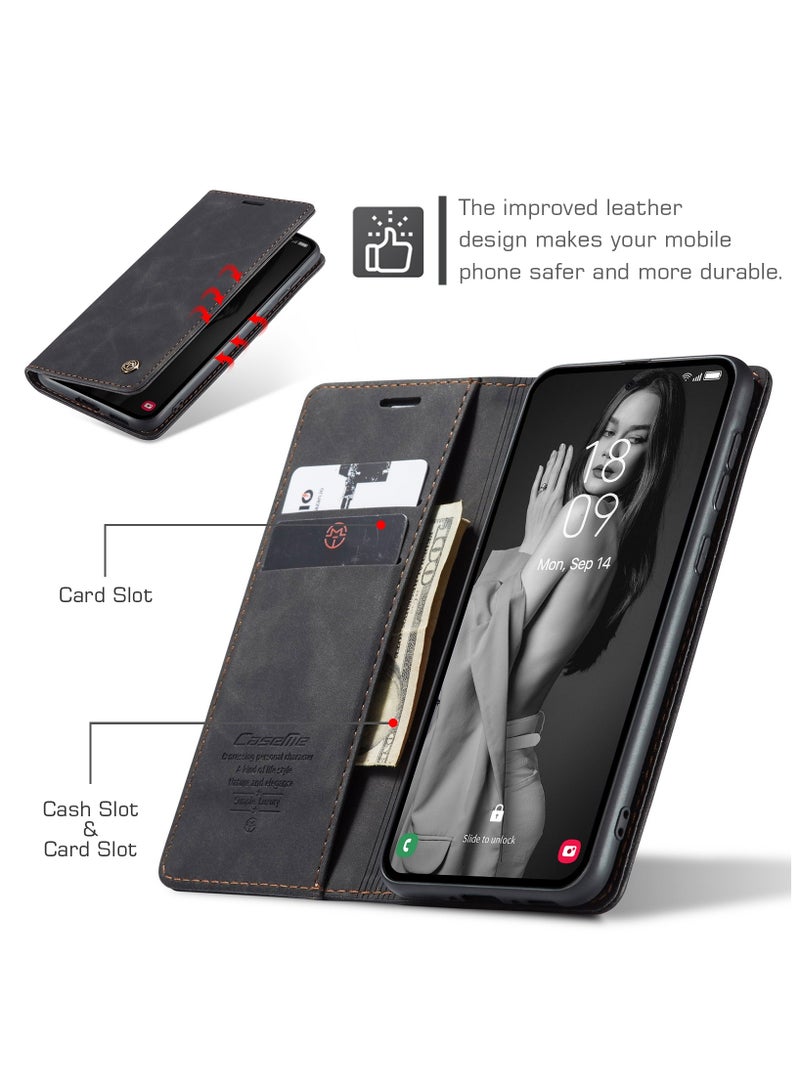 CaseMe Samsung Galaxy A55 Wallet Case Book Folding Flip Folio Case with Magnetic Kickstand Card Slots Protective Cover - Black - Image 4