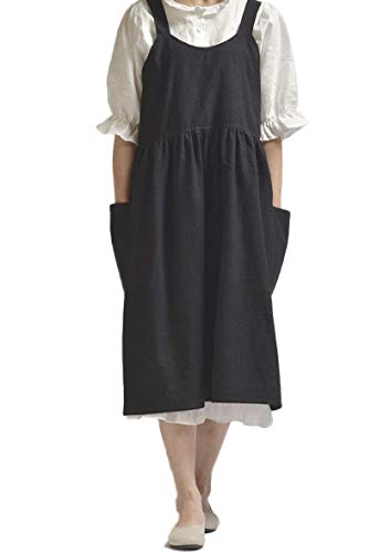 losofar Women Girls Vintage Cute Apron Gardening Works Cross Back Cotton/Linen Blend Aprons Pinafore Dress with Two Pockets (beige) - Image 2