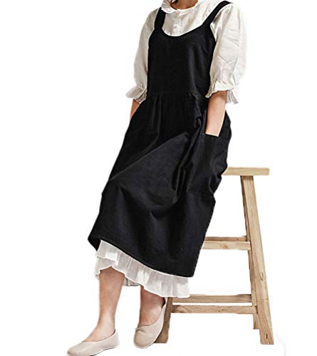 losofar Women Girls Vintage Cute Apron Gardening Works Cross Back Cotton/Linen Blend Aprons Pinafore Dress with Two Pockets (beige) - Image 3
