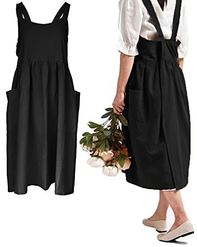 losofar Women Girls Vintage Cute Apron Gardening Works Cross Back Cotton/Linen Blend Aprons Pinafore Dress with Two Pockets (beige) - Image 1
