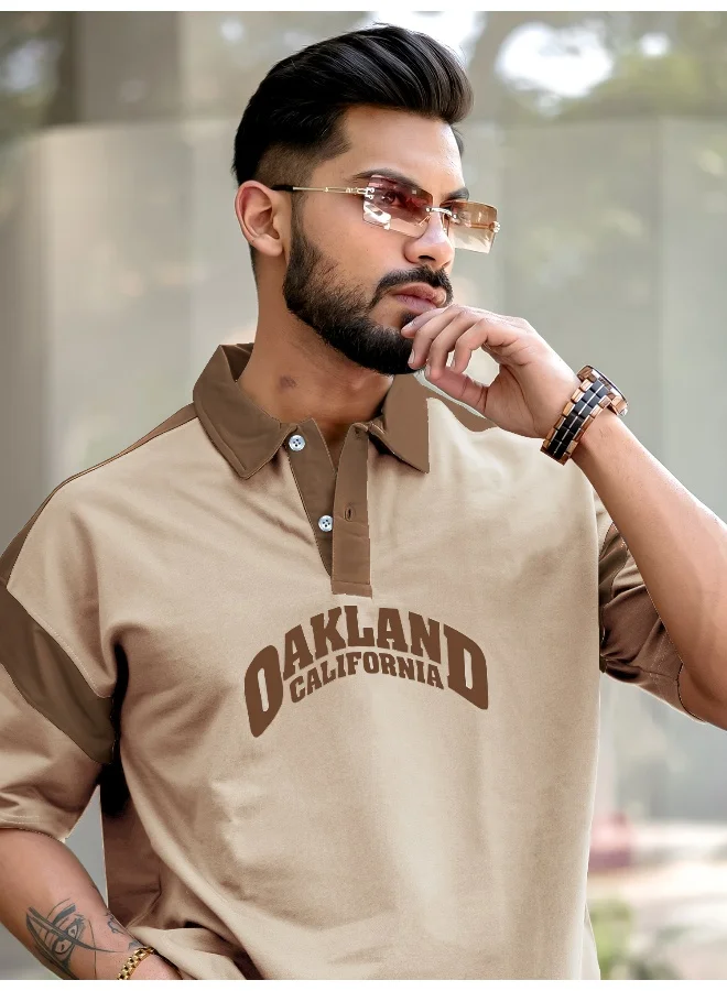 Maniac Maniac Men Printed Polo Neck 3/4th Sleeve Beige Cotton T-Shirt