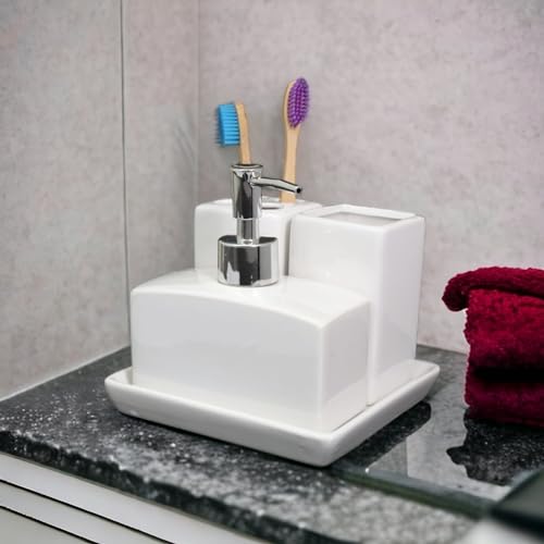 Whizzo® Ceramic Durable 4 Pieces Bathroom Set Liquid Soap Dispenser, Toothbrush Holder, Soap Dish, Tumbler Holder (White) - Image 3