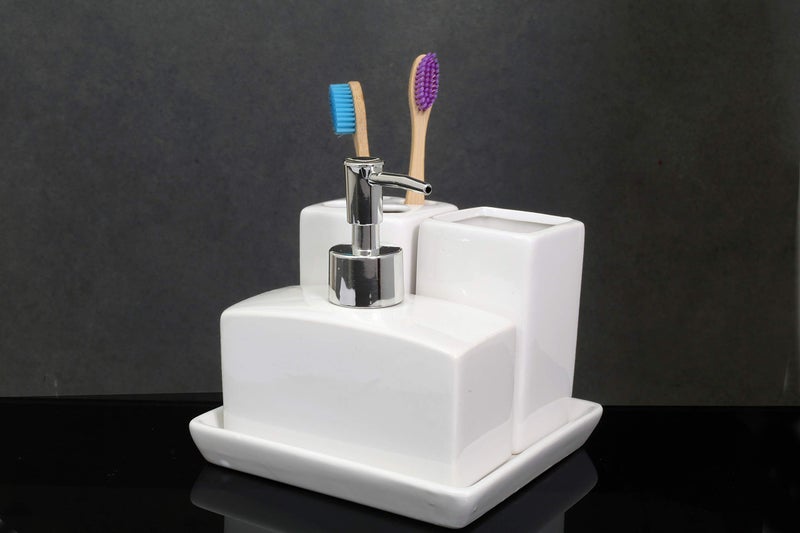 Whizzo® Ceramic Durable 4 Pieces Bathroom Set Liquid Soap Dispenser, Toothbrush Holder, Soap Dish, Tumbler Holder (White) - Image 1
