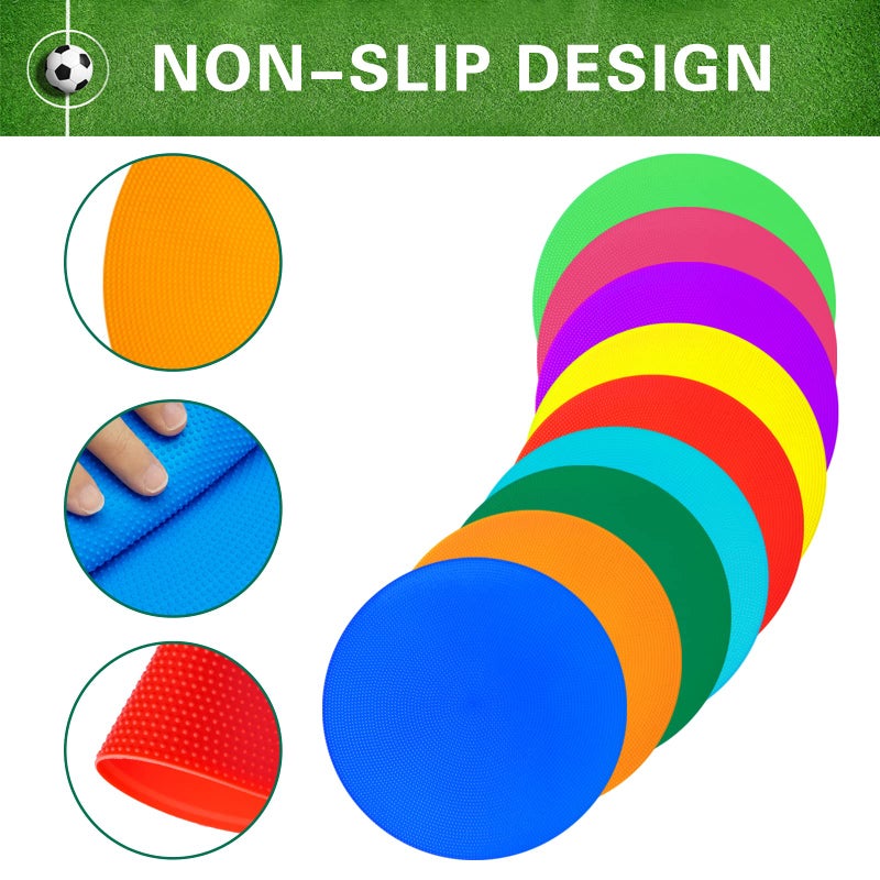 PIKZH Poly Spot Markers 9.1 inch 9 Pcs Non-Slip Rubber Agility Training Markers Floor Dots Flat Field Cones for Football, Soccer Ball, School Exercise Drills, Gym Dance Practice 9 Colors TPE - Image 3