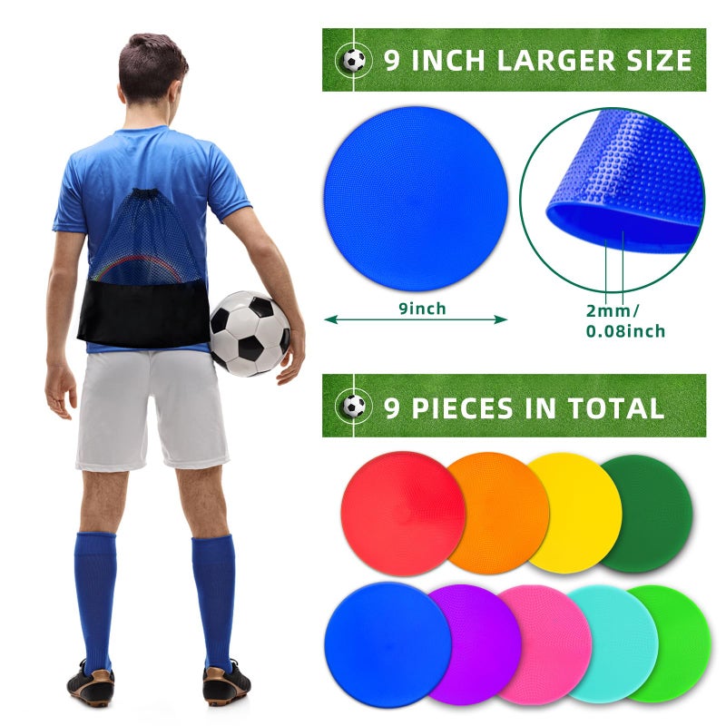 PIKZH Poly Spot Markers 9.1 inch 9 Pcs Non-Slip Rubber Agility Training Markers Floor Dots Flat Field Cones for Football, Soccer Ball, School Exercise Drills, Gym Dance Practice 9 Colors TPE - Image 4
