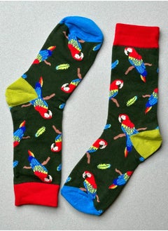 The Socks Hype 3-Pair Parrot Socks for Men Women - Cotton Blend Socks| Suitable for 35-42 Sizes | Dark Green Background with Vibrant Parrot Design  - Image 1
