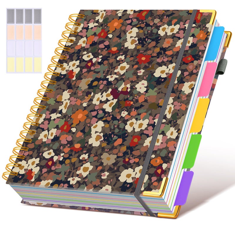 dilitego Hardcover Spiral Notebook 8.5"x11" Journal with Removable Dividers Tabs, 300 Pages 5 Subject Notebook College Ruled, Large A4 Notebooks for Work School, Lined Journal for Women, A4 Flower - Image 1