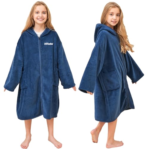Hiturbo Kids Bath Towel Hoodie Soft Plush Zipper Surf Poncho  Warm Fleece Changing Towels Swimming Outerwear Navy