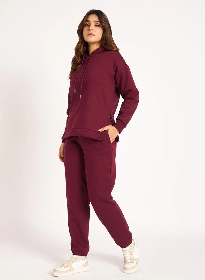 Femmella  Burgundy Side Zip Detail Fleece Hoodie for Women | Best Price UAE