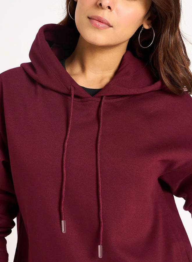 Femmella  Burgundy Side Zip Detail Fleece Hoodie for Women | Best Price UAE
