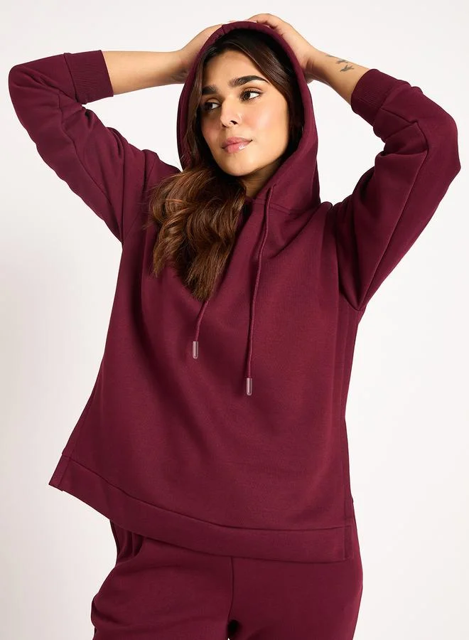 Femmella  Burgundy Side Zip Detail Fleece Hoodie for Women | Best Price UAE