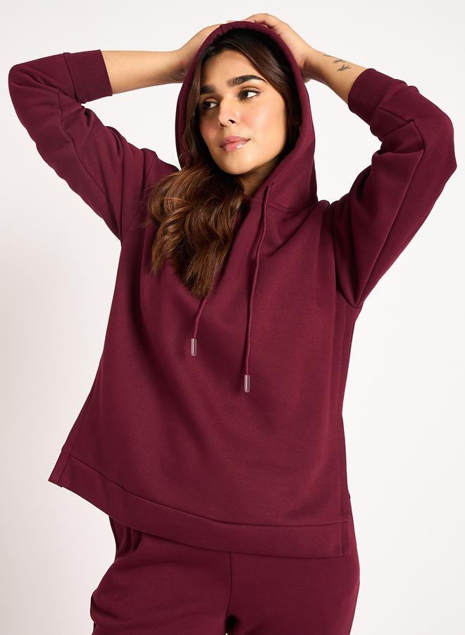 Femmella Burgundy Side Zip Detail Fleece Hoodie - Image 5