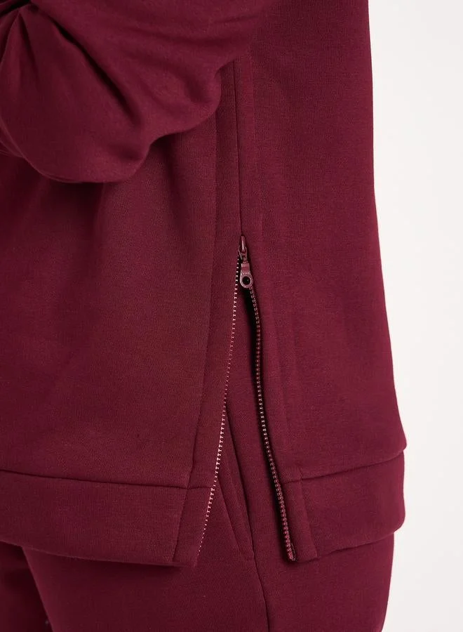 Femmella  Burgundy Side Zip Detail Fleece Hoodie for Women | Best Price UAE