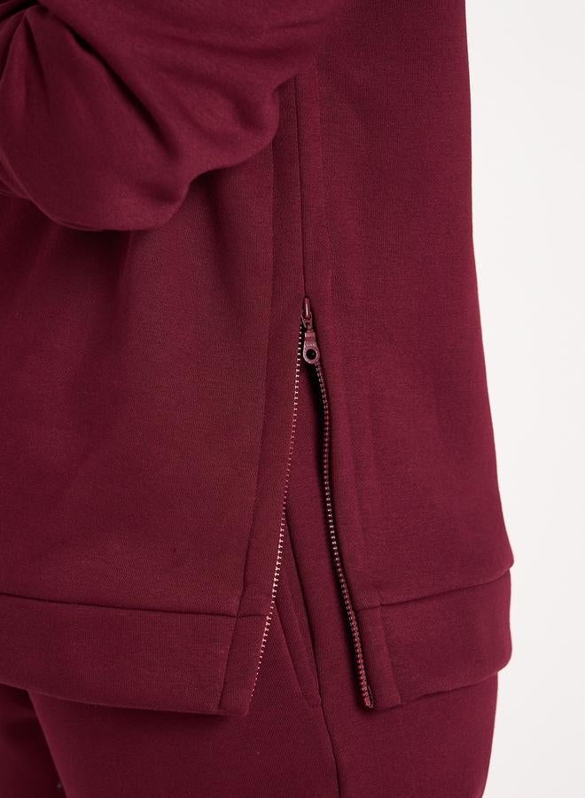 Femmella Burgundy Side Zip Detail Fleece Hoodie - Image 4