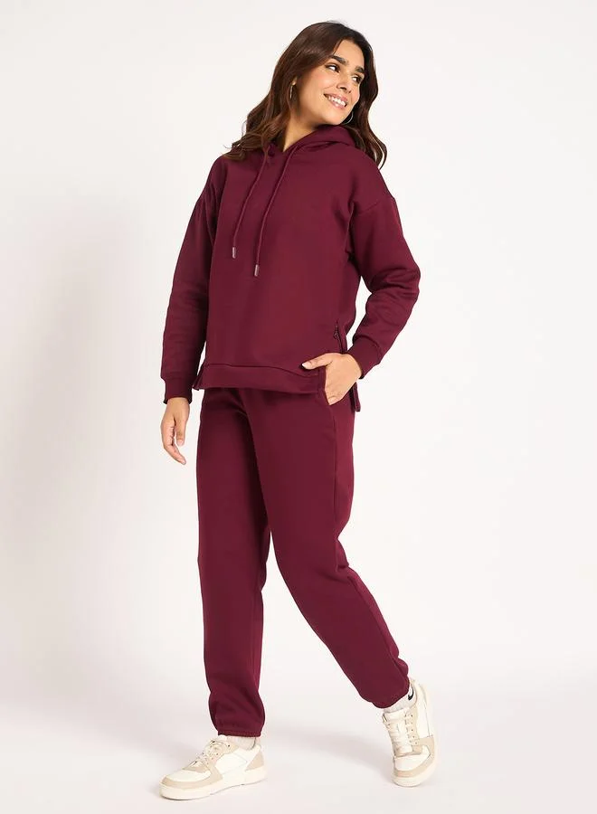 Femmella  Burgundy Side Zip Detail Fleece Hoodie for Women | Best Price UAE