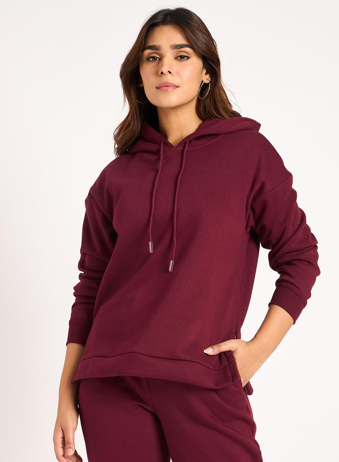Femmella Burgundy Side Zip Detail Fleece Hoodie - Image 2