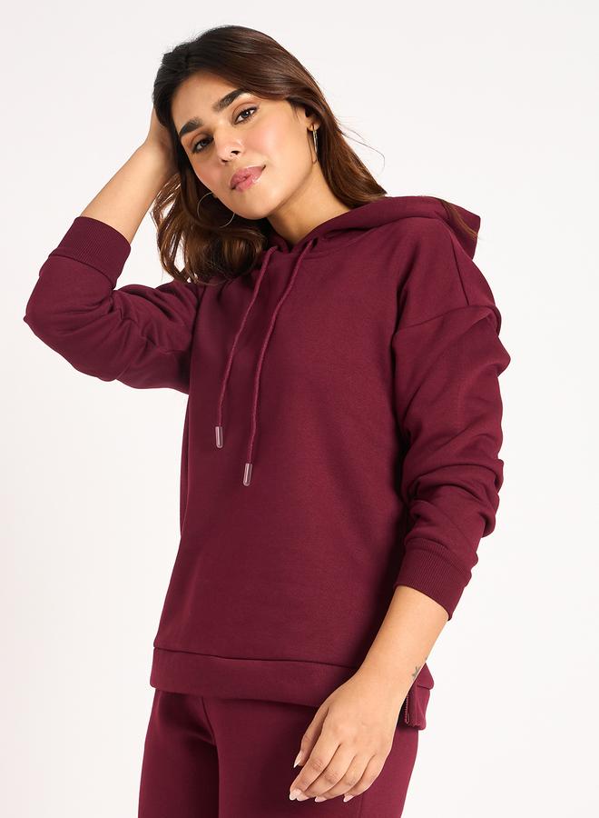 Femmella Burgundy Side Zip Detail Fleece Hoodie - Image 1