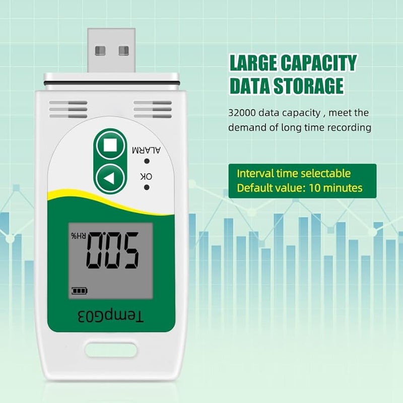 مسجل بيانات درجة الحرارة والرطوبة عبر USB سعة 32000 قابل لإعادة الاستخدام - Image 3