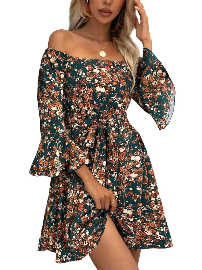 JECEIKA Women Off Shoulder Dress Floral Ruffle Fall Dresses for Women Wedding Guest Dresses, Blue Floral Black, Medium JC219-19-M - Image 1