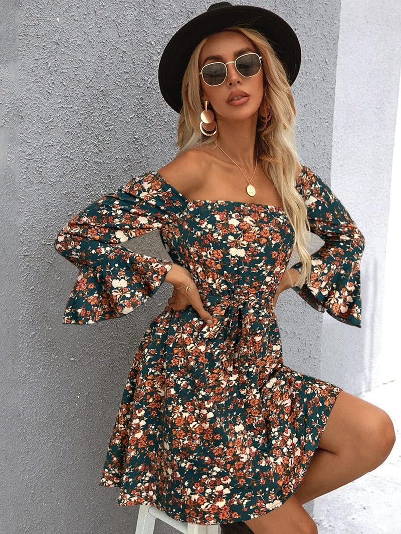 JECEIKA Women Off Shoulder Dress Floral Ruffle Fall Dresses for Women Wedding Guest Dresses, Blue Floral Black, Medium JC219-19-M - Image 3