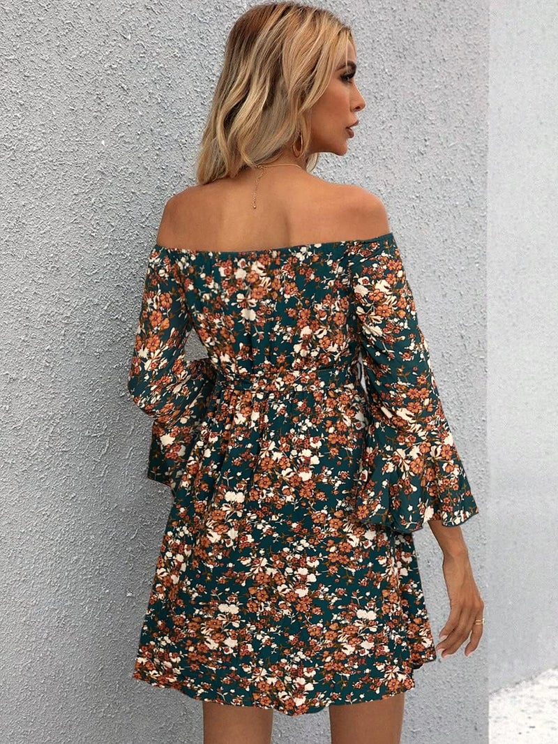 JECEIKA Women Off Shoulder Dress Floral Ruffle Fall Dresses for Women Wedding Guest Dresses, Blue Floral Black, Medium JC219-19-M - Image 2