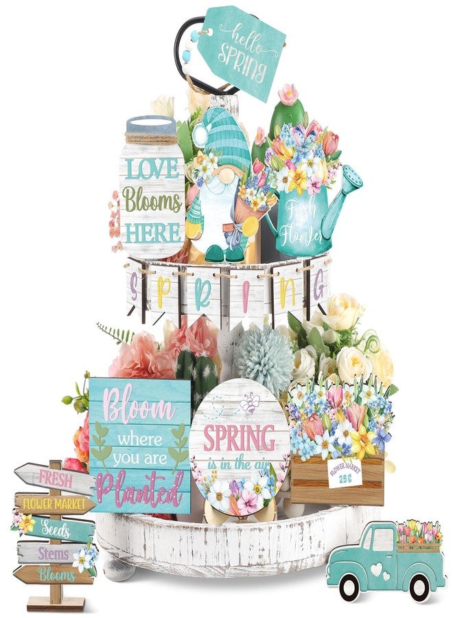 Marsui 15 Pcs Hello Spring Flower Tiered Tray Decor Spring Wooden Table Decor Rustic Spring Flower Tulip Decor Spring Easter Decor for Home (Novel) - Image 1
