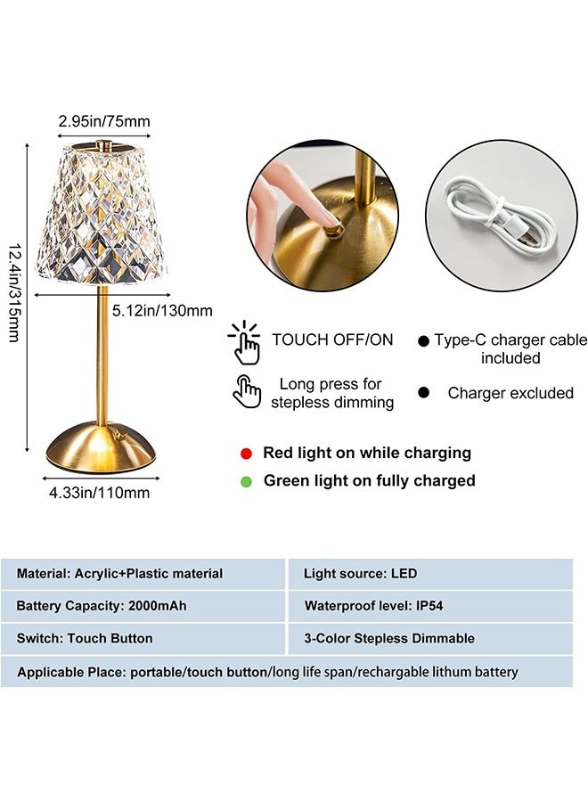 Crystal Table Lamp, Decorative Table Light Portable Gold LED Dimmable Light Rechargeable Cordless Desk Lamp Battery Operated Vintage Lamp for Bedroom Home Living Room Hotel Bar - Image 2