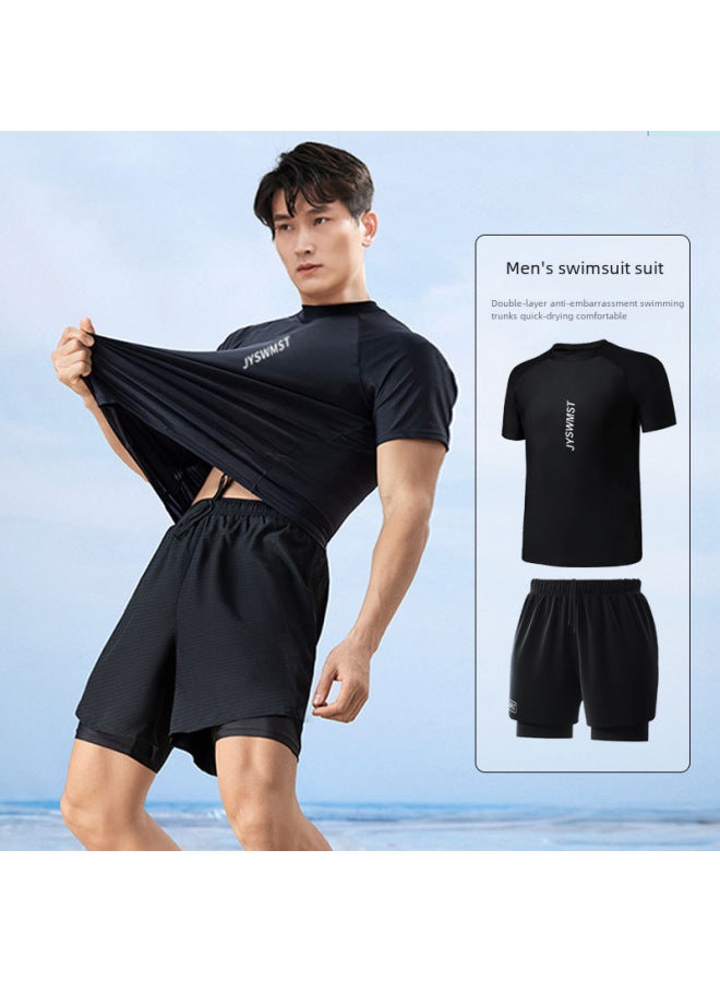 Loquat Swimwear Men's Professional Anti-embarrassment Large Size Loose Double-layer Swimming Trunks Sunscreen Hot Spring Full Body Men's Swimwear Suit-Color:813 Grey Double-Layer Swim Trunks- - Image 2