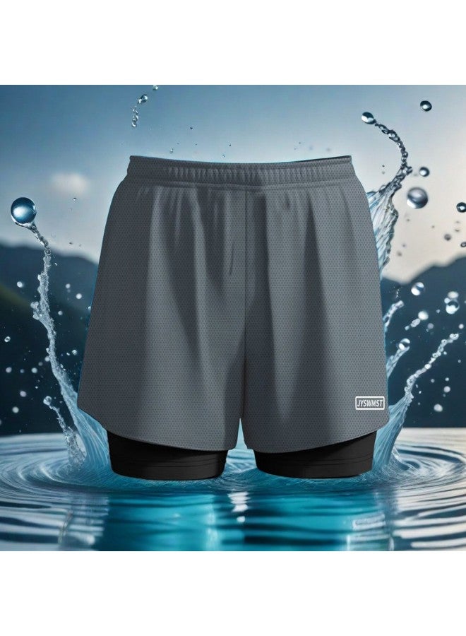 Loquat Swimwear Men's Professional Anti-embarrassment Large Size Loose Double-layer Swimming Trunks Sunscreen Hot Spring Full Body Men's Swimwear Suit-Color:813 Grey Double-Layer Swim Trunks- - Image 1