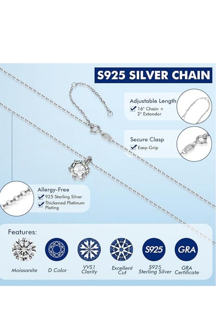 Akali Women's Moissanite Necklace, 1 Carat Lab-Created Diamond Necklace, 925 Sterling Silver Plated with 18K White Gold, Single Pendant Jewelry - Image 3