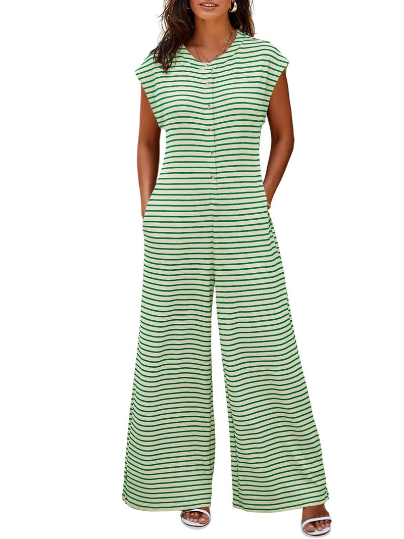 Cicy Bell Womens Casual Striped Jumpsuits Summer Cap Sleeve Wide Leg Jumper Romper Button Down Travel Beach Outfits - Image 1