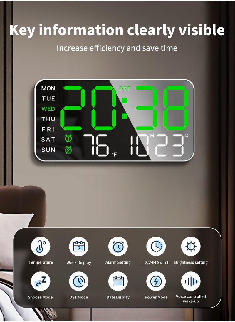 Bukela - Digital Wall Clock Large LED Display with Calendar, Weekday, Temperature, Voice Wake-Up Function, Adjustable Brightness, 12/24 Hour USB Powered Rectangular Clock with Single Chime Feature - Fantasy Theme Plastic Clock with White Finish - Image 1