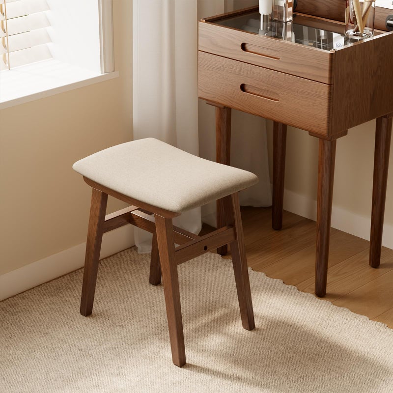 Muwuele Solid Wood Vanity Stool, Compact Makeup Chair with Saddle Cushion, Linen-Covered High Rebound Sponge Seat, Easy Assembly Footstool for Bedroom, Entryway, Home, Walnut - Image 3