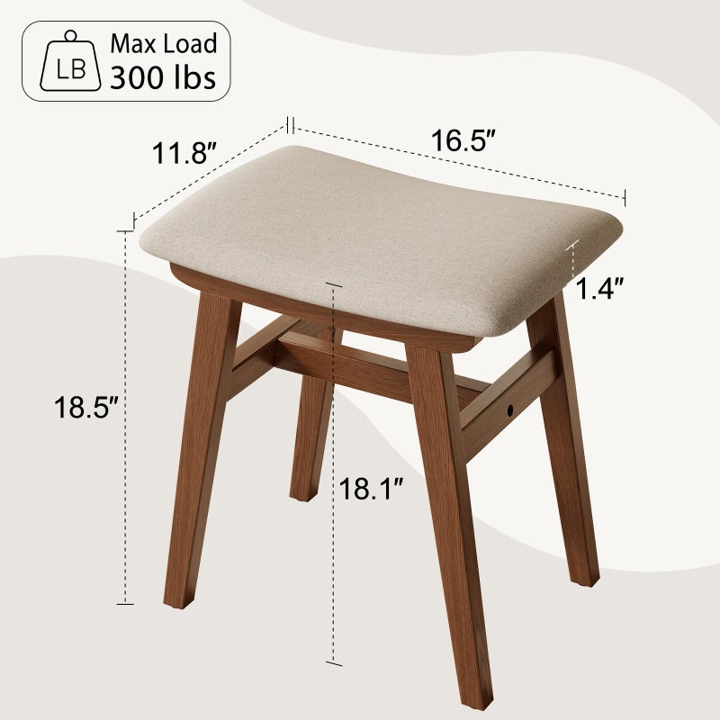 Muwuele Solid Wood Vanity Stool, Compact Makeup Chair with Saddle Cushion, Linen-Covered High Rebound Sponge Seat, Easy Assembly Footstool for Bedroom, Entryway, Home, Walnut - Image 2
