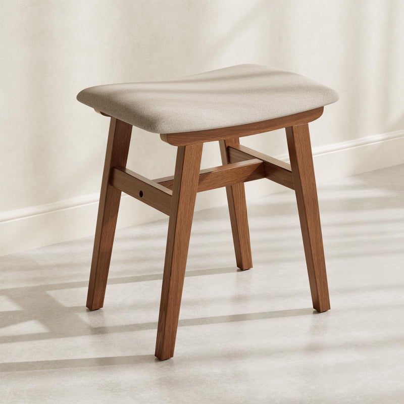 Muwuele Solid Wood Vanity Stool, Compact Makeup Chair with Saddle Cushion, Linen-Covered High Rebound Sponge Seat, Easy Assembly Footstool for Bedroom, Entryway, Home, Walnut - Image 1