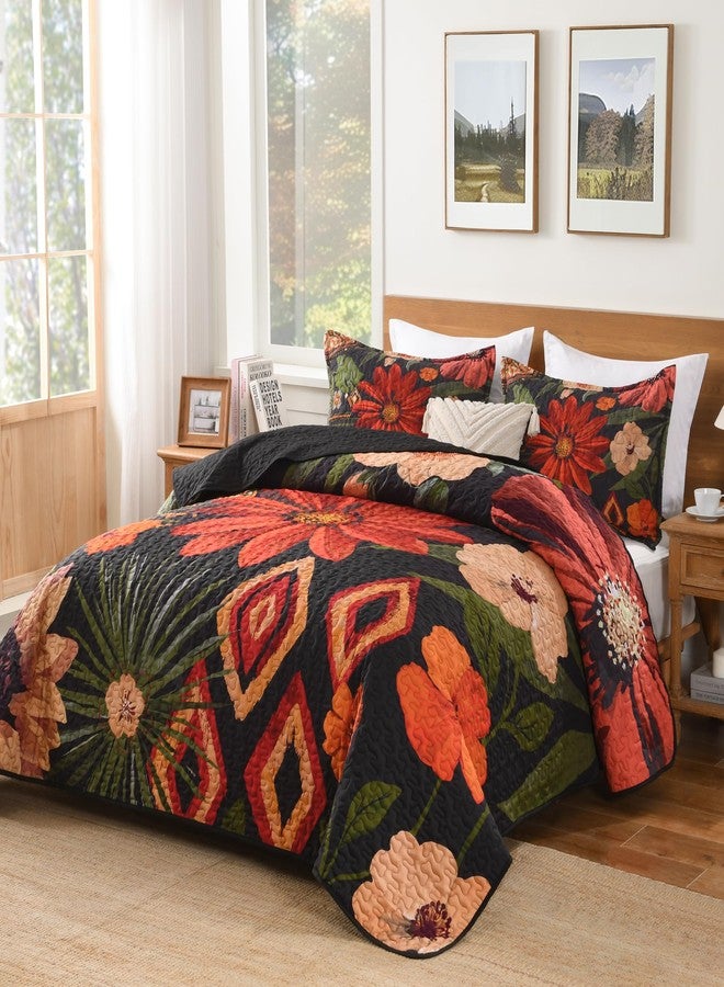 Andency Floral Boho Queen Quilt Bedding Set Black, 3 Pieces Farmhouse Flower Botanical Summer Bedspreads with 2 Shams, Soft Reversible Lightweight Microfiber Coverlet Set for All Season, 90"x96" - Image 2
