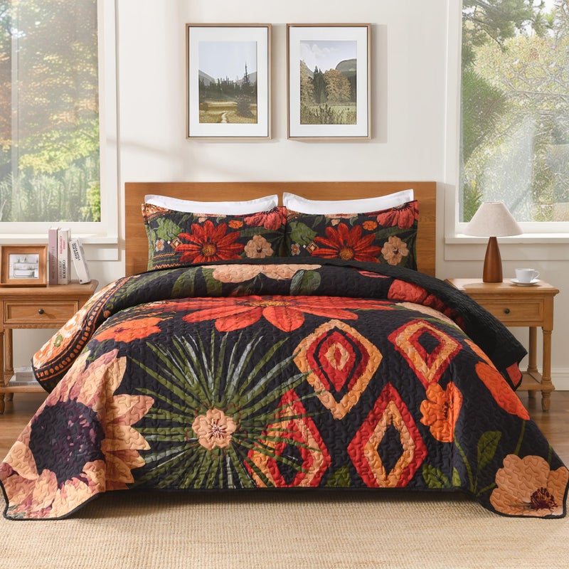 Andency Floral Boho Queen Quilt Bedding Set Black, 3 Pieces Farmhouse Flower Botanical Summer Bedspreads with 2 Shams, Soft Reversible Lightweight Microfiber Coverlet Set for All Season, 90"x96" - Image 1