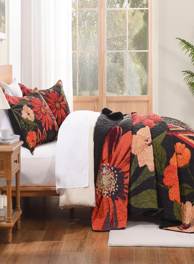 Andency Floral Boho Queen Quilt Bedding Set Black, 3 Pieces Farmhouse Flower Botanical Summer Bedspreads with 2 Shams, Soft Reversible Lightweight Microfiber Coverlet Set for All Season, 90"x96" - Image 3