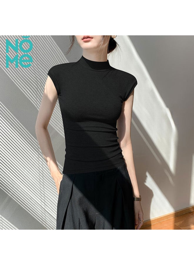 Nome Ribbed Mock Neck Tank Top For Women, Spring And Summer New Style, Slim Fit, Versatile Sleeveless Undershirt, Black, L - Image 1
