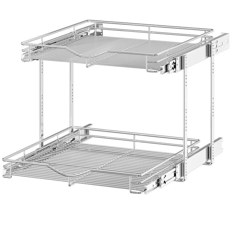 OCG 2 Tier Pull Out Cabinet Organizer 225 W x 215 D Pull Out Drawers for Kitchen Cabinets Pull Out Shelves for Base Cabinet Organization in Kitchen Bathroom Pantry Chrome Finish