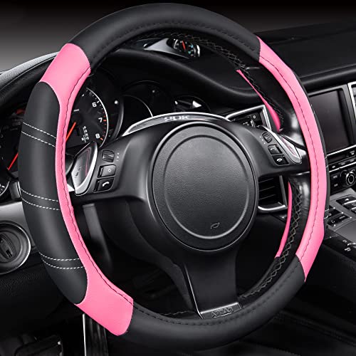 CAR PASS Line Rider Microfiber Leather Sporty 14515 inch Steering Wheel Cover Universal Fits for 95 TruckSUVCars AntiSlip Safety Comfortable Design Black Pink - Image 1