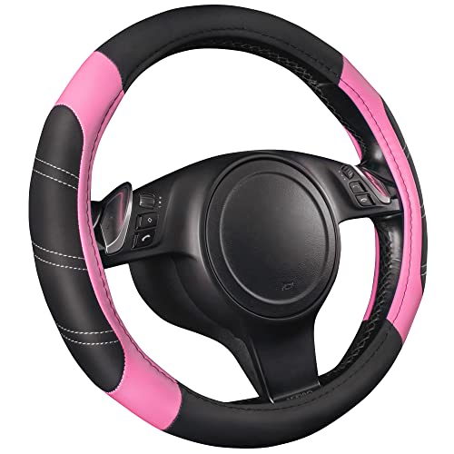 CAR PASS Line Rider Microfiber Leather Sporty 14515 inch Steering Wheel Cover Universal Fits for 95 TruckSUVCars AntiSlip Safety Comfortable Design Black Pink - Image 3