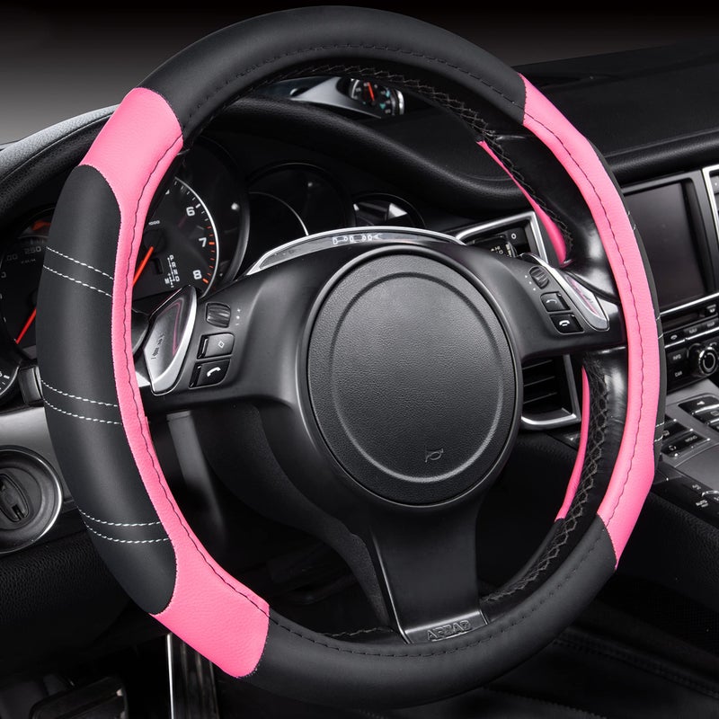 CAR PASS Line Rider Microfiber Leather Sporty 14515 inch Steering Wheel Cover Universal Fits for 95 TruckSUVCars AntiSlip Safety Comfortable Design Black Pink - Image 2