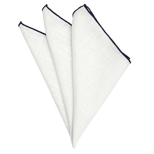 BELLUNO White Pocket Square with Embroidered Navy Edge - Image 3