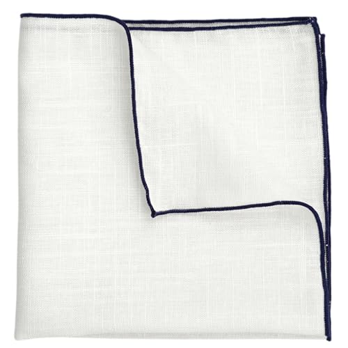 BELLUNO White Pocket Square with Embroidered Navy Edge - Image 2