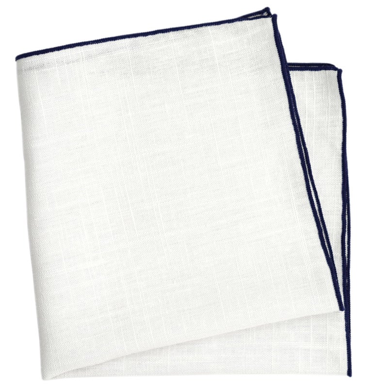 BELLUNO White Pocket Square with Embroidered Navy Edge - Image 4
