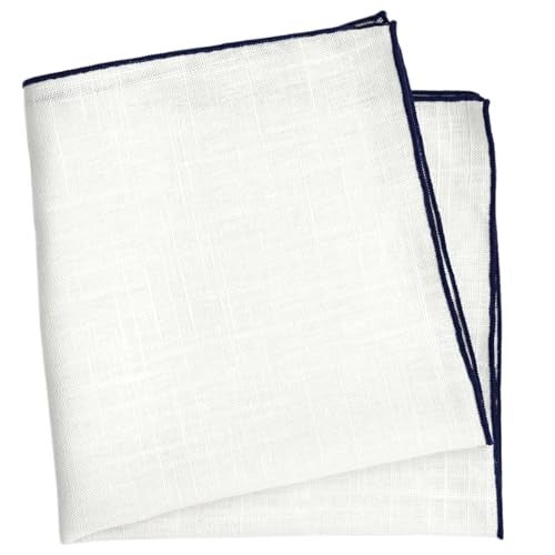 BELLUNO White Pocket Square with Embroidered Navy Edge - Image 1