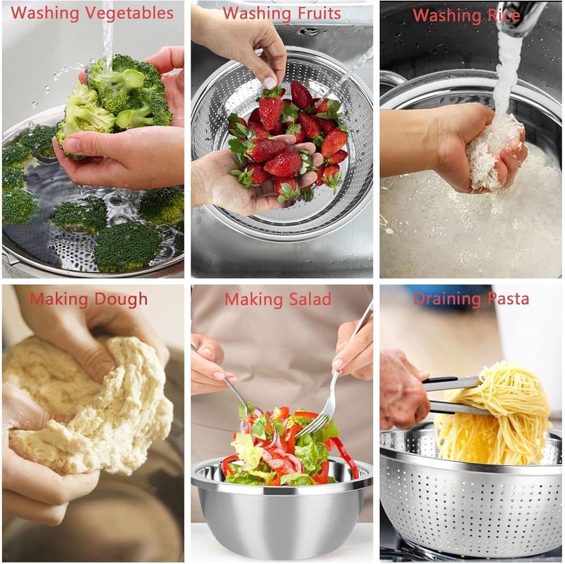 PIPULSE Stainless Steel Rice Washing Bowl Mixing BowlsVegetable Fruit Washing Bowl Colander Set for Metal Strainer Set Microporous Colander Pasta Straining Cleaning and Fruit Draining Noodle - Image 4